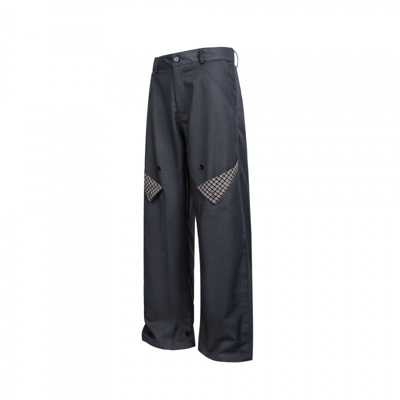 Women's Wide Cargo Pants with Checked Pattern Inserts and Decorative Button Plackets Fashion Glam