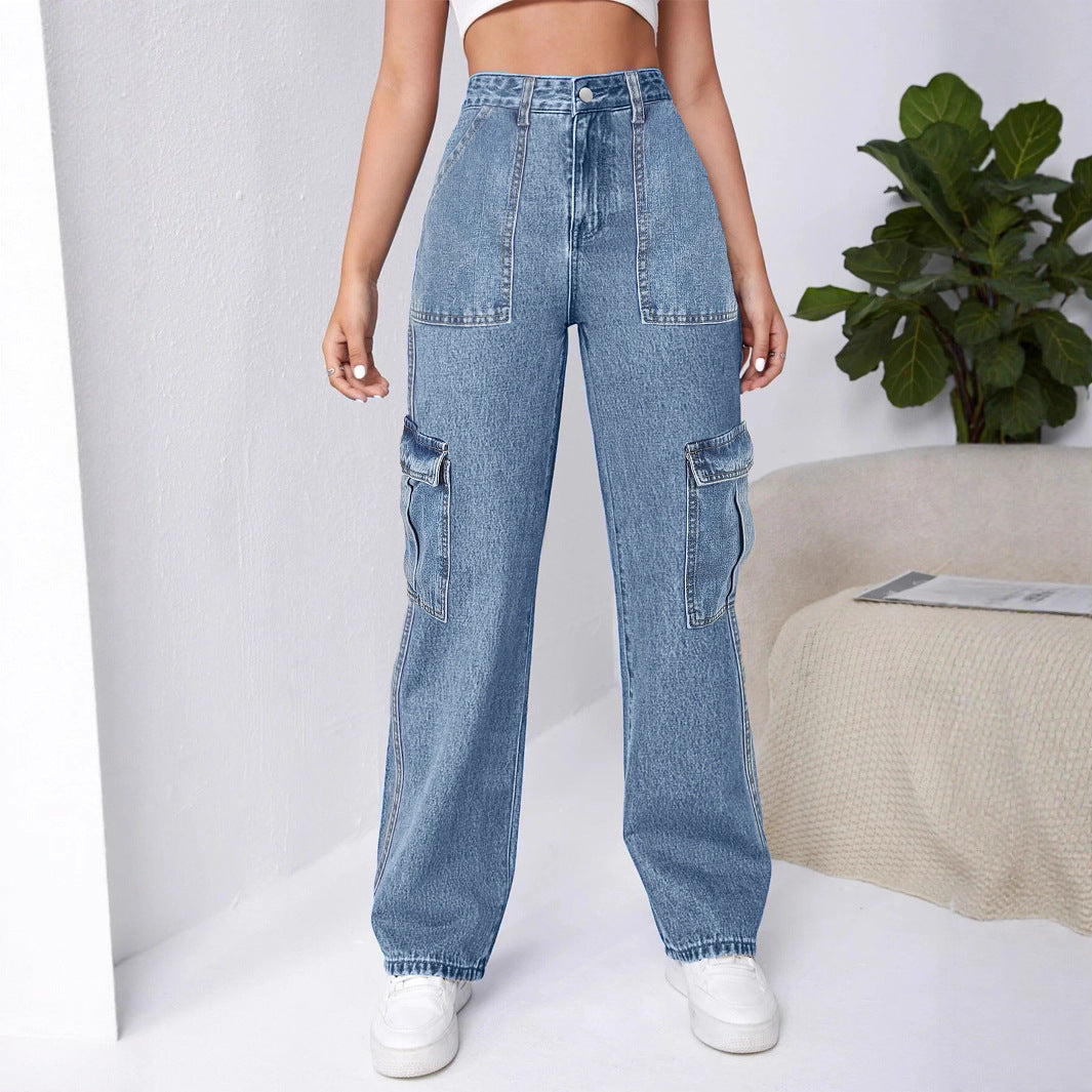 Women High-Waisted Cargo Wide Jeans with Patch Pockets and Elastic Hem Fashion Glam