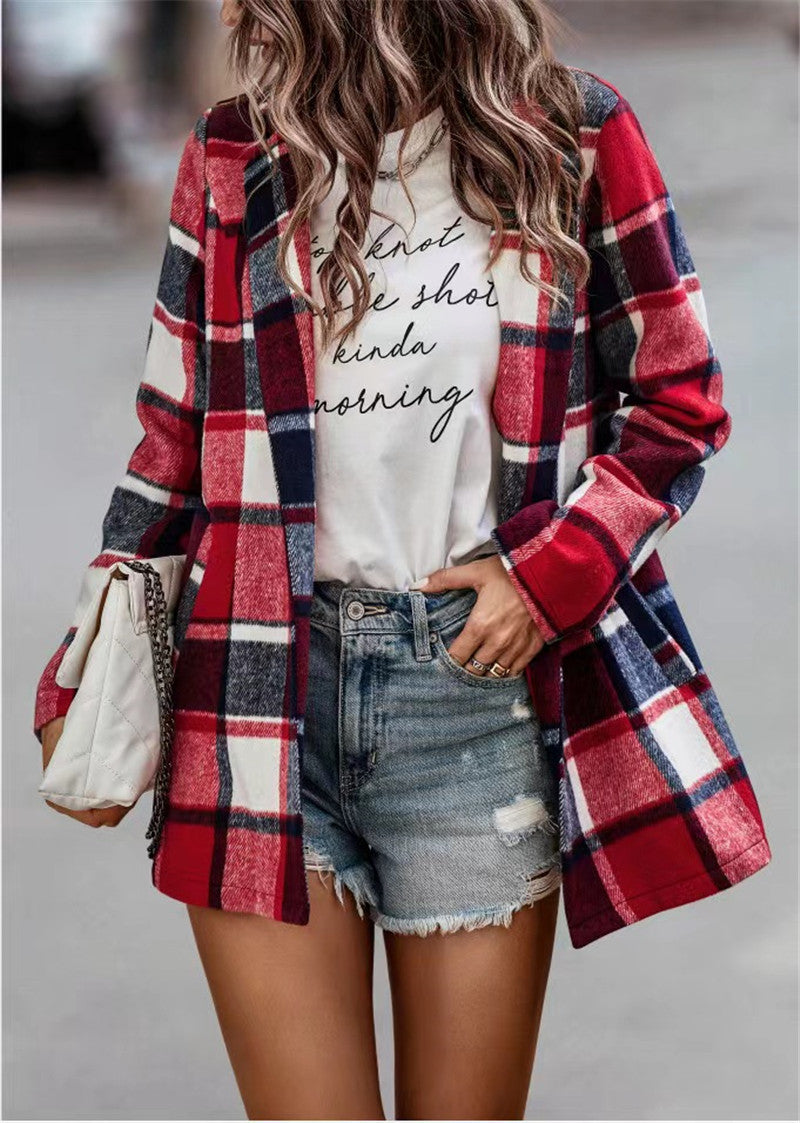 Women Checked Long Blazer Shacket Without Collar, Open Cut Fashion Glam