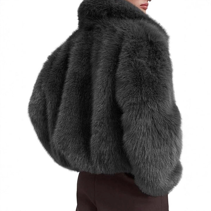 Women Short Boxy Faux Fur Pilot Jacket with Dense High Pile and Wide Lapel Fashion Glam