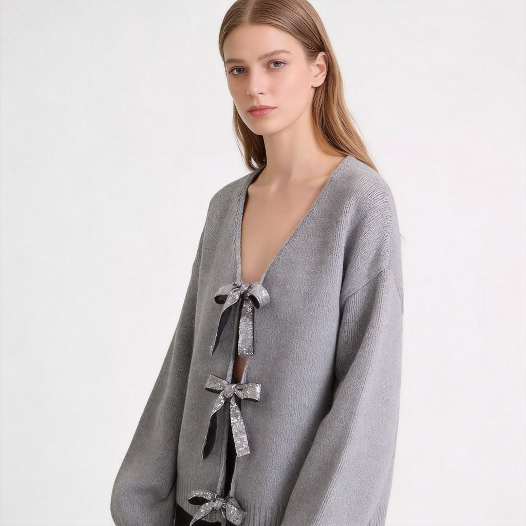 Women's Oversized Knit Cardigan with Deep V-Neck and Decorative Bows Fashion Glam