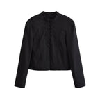 Women short fitted jacket with stand-up collar and decorative loop tape Fashion Glam