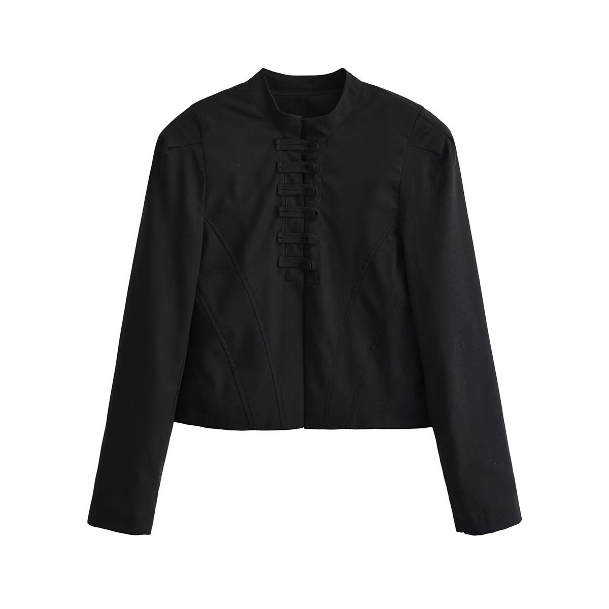 Women short fitted jacket with stand-up collar and decorative loop tape Fashion Glam