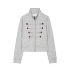 Women's Short Sweat Jacket in Military Style with Stand-Up Collar and Decorative Button Details Fashion Glam