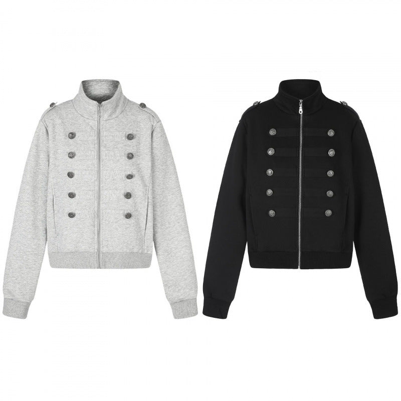 Unisex Sweat Jacket in Military Look with Double Button Placket Fashion Glam