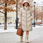 Women's longer padded quilted coat with hood and double zipper Fashion Glam