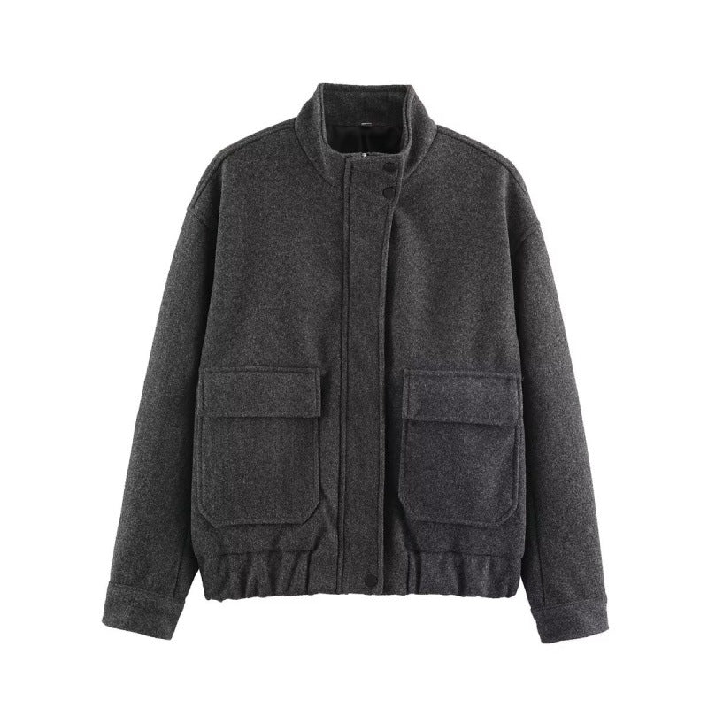 Women's Boxy Wool Blouson with Stand-up Collar, Large Flap Pockets and Elastic Hem Fashion Glam