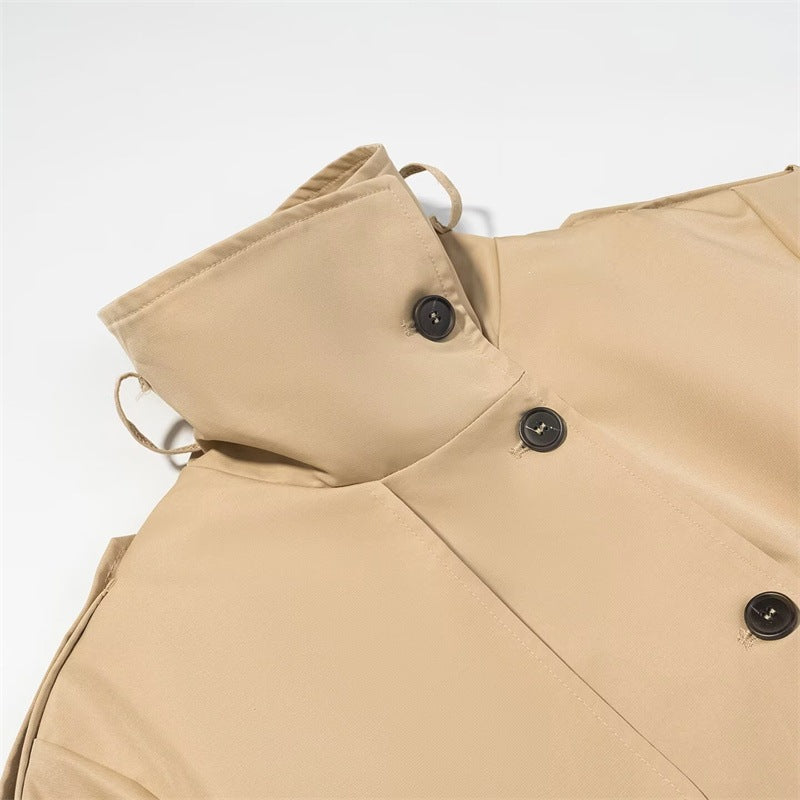Women's Short Trench Coat with Stand Collar, Waist Belt and Contrast Cuffs Fashion Glam