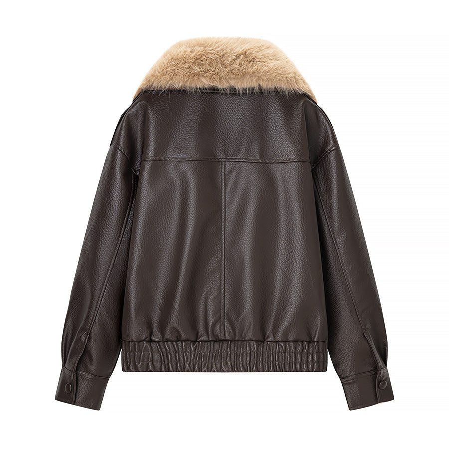 Women Quilted Leather Look Blouson with Voluminous Fur Collar Fashion Glam