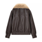 Women Quilted Leather Look Blouson with Voluminous Fur Collar Fashion Glam