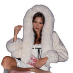 Women's short bolero made of bouclé faux fur with voluminous hood and fur cuffs Fashion Glam