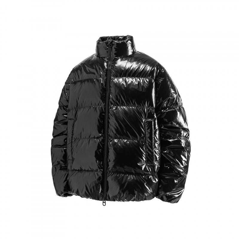 Unisex Glossy Quilted Puffer Jacket in Boxy Cut with Stand-Up Collar and Two-Way Zipper Fashion Glam