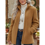 Women Cozy Teddy Cardigan Coat with Stand-Up Collar, Hidden Zipper and Decorative Button Cuffs Fashion Glam