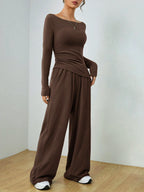 Women’s loungewear set made of softly falling jersey with a boat neckline, fitted long sleeve, and wide palazzo pants Fashion Glam