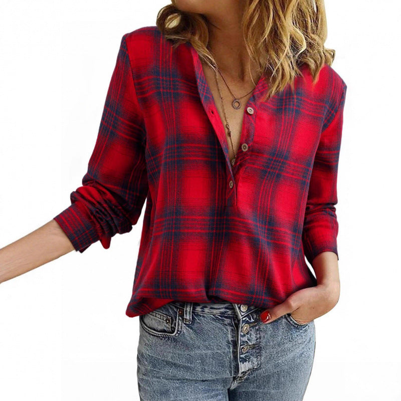 Women’s check blouse in oversized look with V-neck, button placket, and rounded hem Fashion Glam