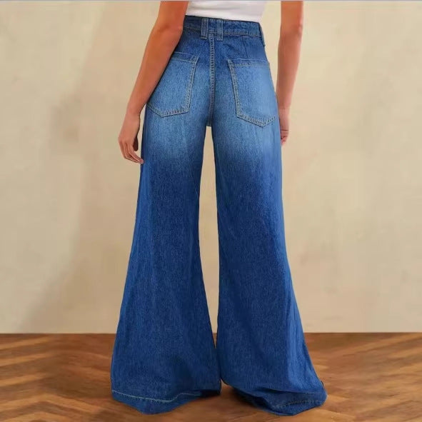 Women High-Waist Denim Palazzo Pants with Flowing A-Line and Wide Leg Fashion Glam