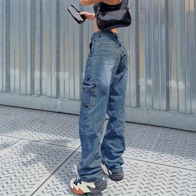 Women's cargo jeans in baggy look with high waist, drawstring and flap pockets Fashion Glam