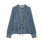 Women's tailored blouse jacket in denim look with ruffle collar and drawstring Fashion Glam