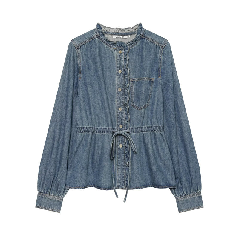 Women's tailored blouse jacket in denim look with ruffle collar and drawstring Fashion Glam