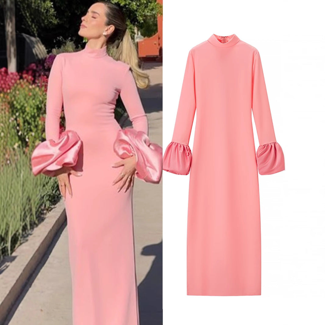 Women's Maxi Dress with Stand Collar and Ruffled Flounce Sleeves Fashion Glam