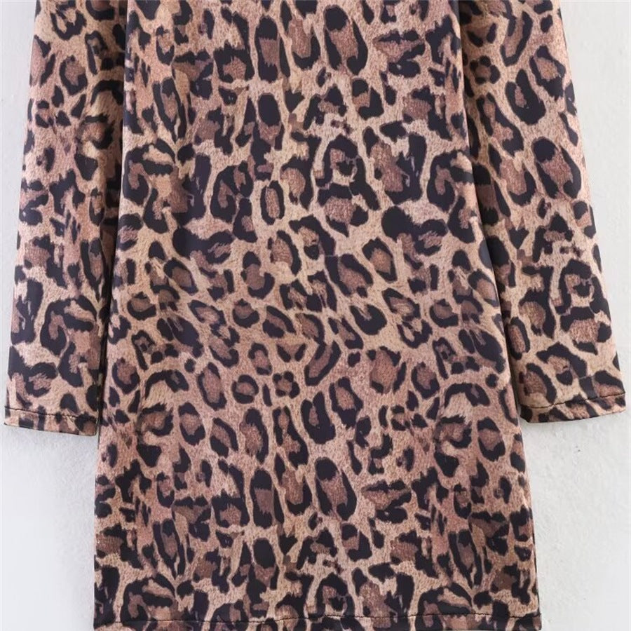 Women’s leopard print mini dress with round neckline, long sleeves, and A-line silhouette Fashion Glam