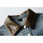 Unisex Boxy Denim Jacket with Leather Collar, Snap Button Placket and Flap Pockets Fashion Glam
