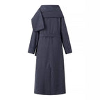 Women’s long coat with oversized shawl collar, belt at the waist and pinstripes Fashion Glam