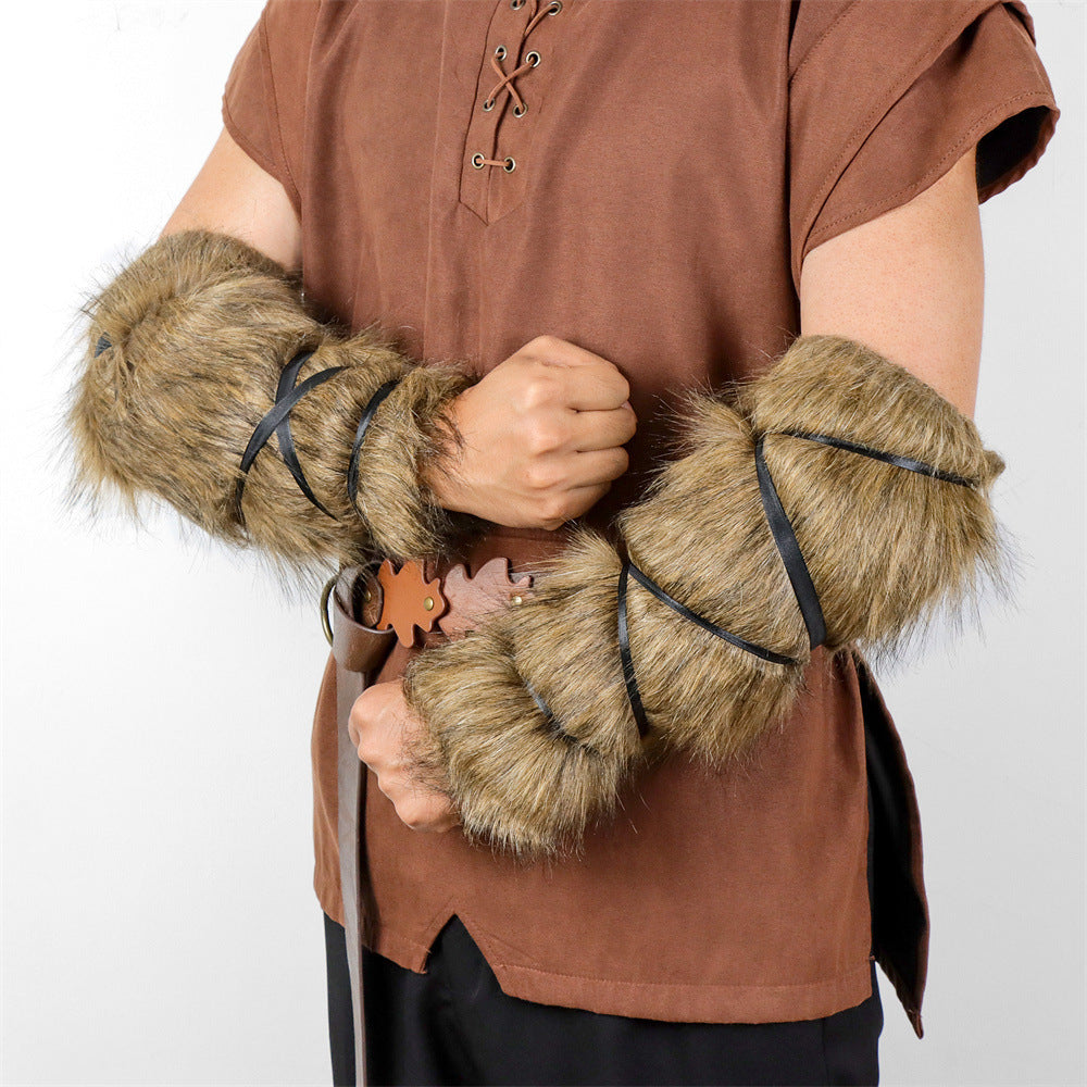 Men's Viking-inspired faux fur arm cuffs with adjustable wrap straps Fashion Glam
