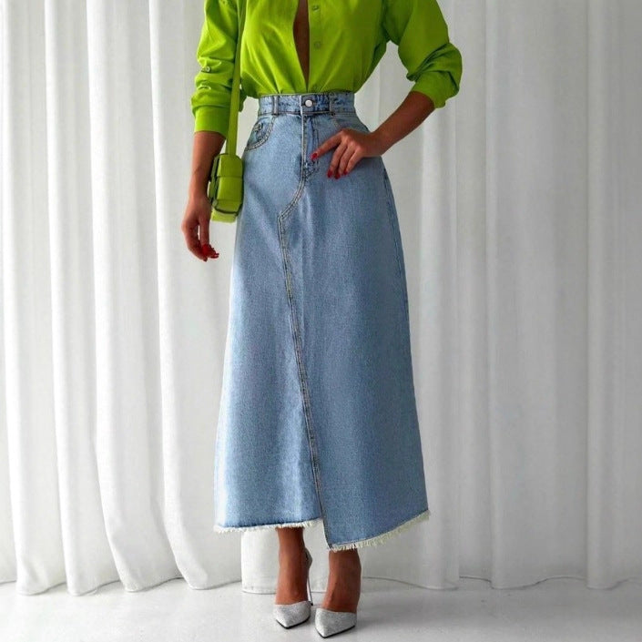 Ladies High-Waisted Maxi Denim Skirt with Asymmetrical Front Seam and Frayed Hem Fashion Glam