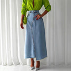 Ladies High-Waisted Maxi Denim Skirt with Asymmetrical Front Seam and Frayed Hem Fashion Glam
