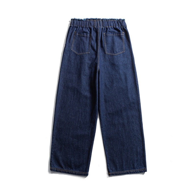 Unisex Wide Denim Pants with Elastic Waistband, Drawstring and Pleated Fashion Glam