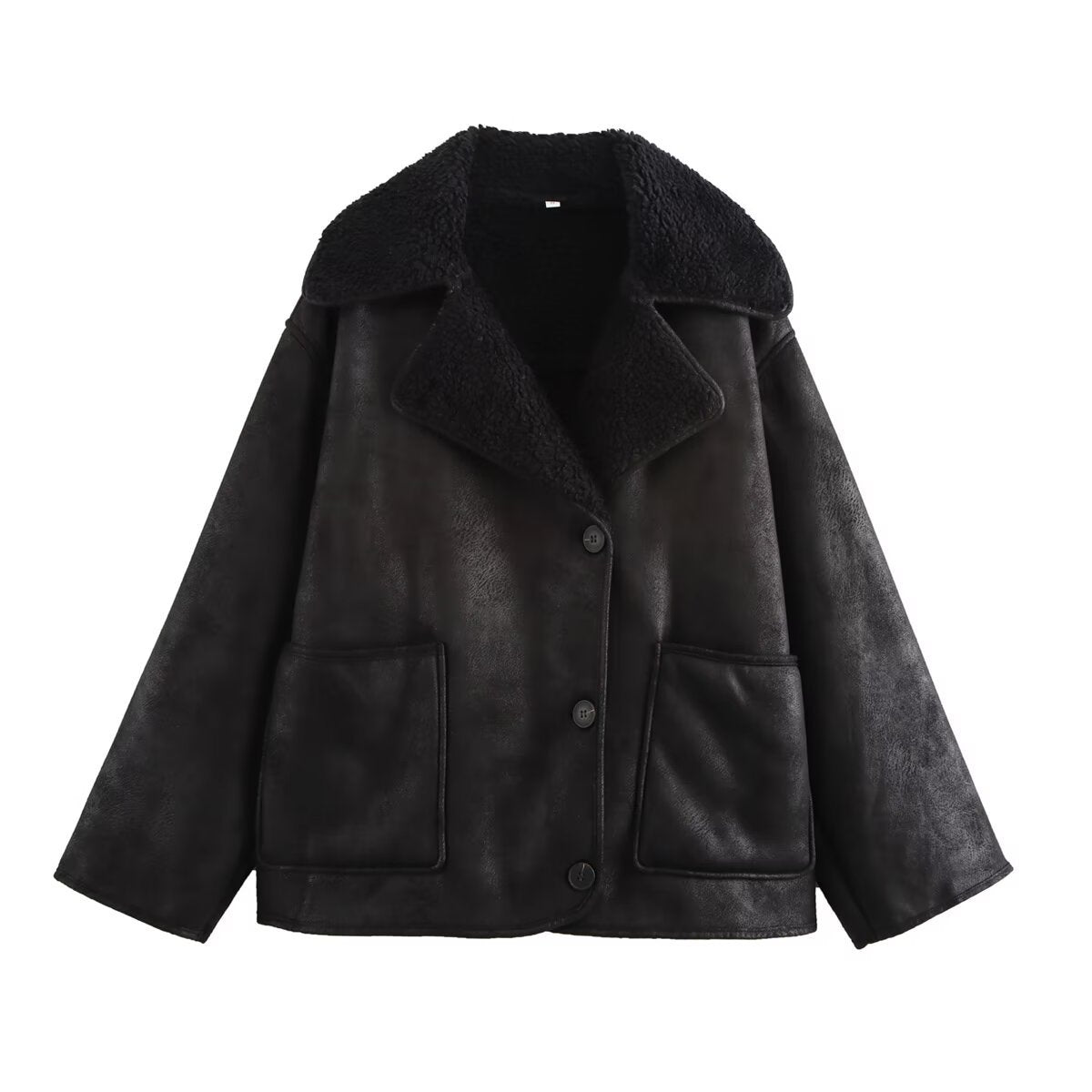 Women’s short jacket in boxy cut made of suede imitation with teddy lining and large flap pockets Fashion Glam
