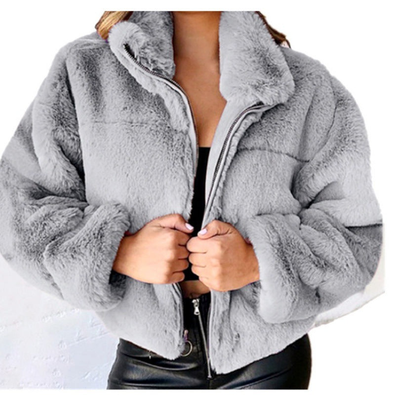 Women’s short-cut cuddly fleece quilted jacket with stand-up collar and zipper Fashion Glam