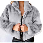 Women’s short-cut cuddly fleece quilted jacket with stand-up collar and zipper Fashion Glam