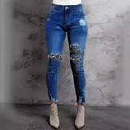 Women Stretch Skinny Jeans with High Waist, Knee Ripped Details and Leo Underlay Fashion Glam