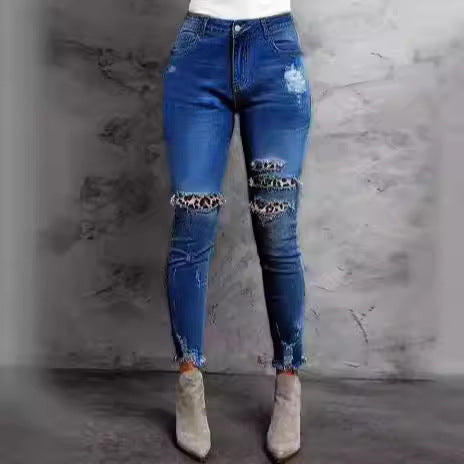Women Stretch Skinny Jeans with High Waist, Knee Ripped Details and Leo Underlay Fashion Glam