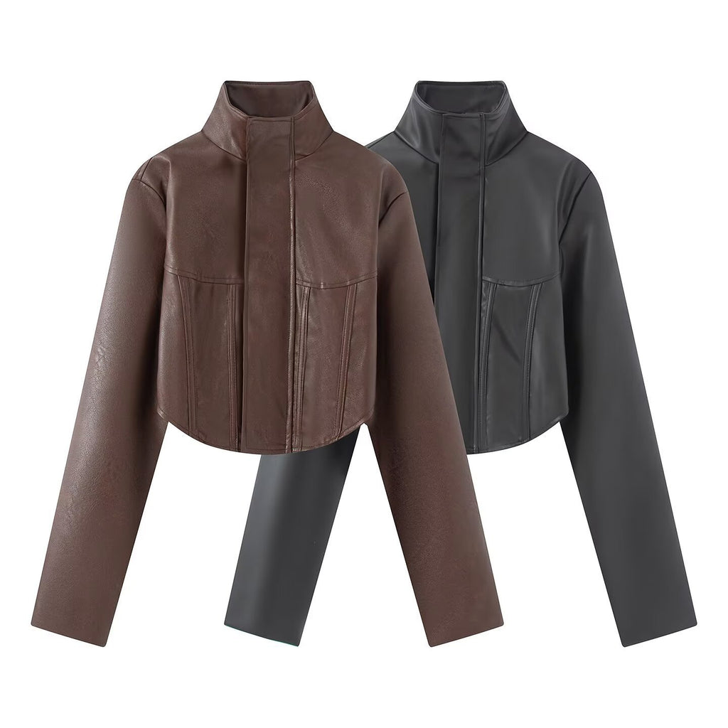 Women's Cropped Faux Leather Jacket with Stand-Up Collar and Tailored Seams Fashion Glam