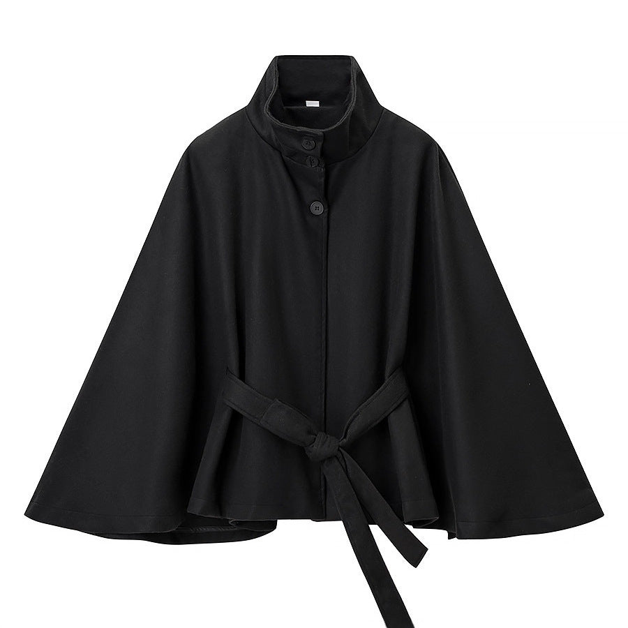 Women's Short Cape Coat with Stand-Up Collar, Concealed Button Placket and Tie Belt Fashion Glam