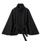 Women's Short Cape Coat with Stand-Up Collar, Concealed Button Placket and Tie Belt Fashion Glam
