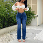 Ladies Cargo Denim Trousers with Straight Leg, Patch Flap Pockets and Bead Trim Fashion Glam