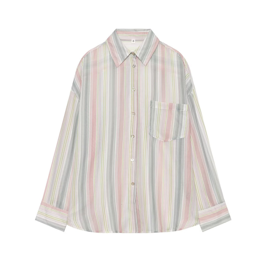 Women's oversized shirt blouse with stripes, chest pocket, and loose fit Fashion Glam