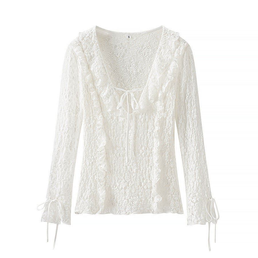 Ladies figure-hugging lace blouse with ruffle V-neck and tie detail Fashion Glam