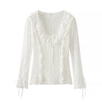 Ladies figure-hugging lace blouse with ruffle V-neck and tie detail Fashion Glam