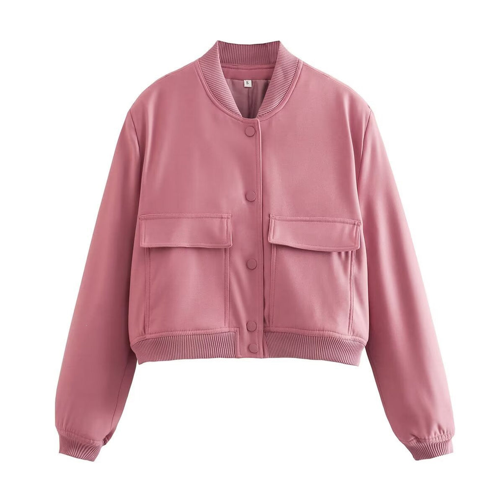 Women Short Cut Utility Bomber Jacket with Large Flap Pockets and Ribbed Cuffs Fashion Glam