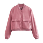 Women Short Cut Utility Bomber Jacket with Large Flap Pockets and Ribbed Cuffs Fashion Glam