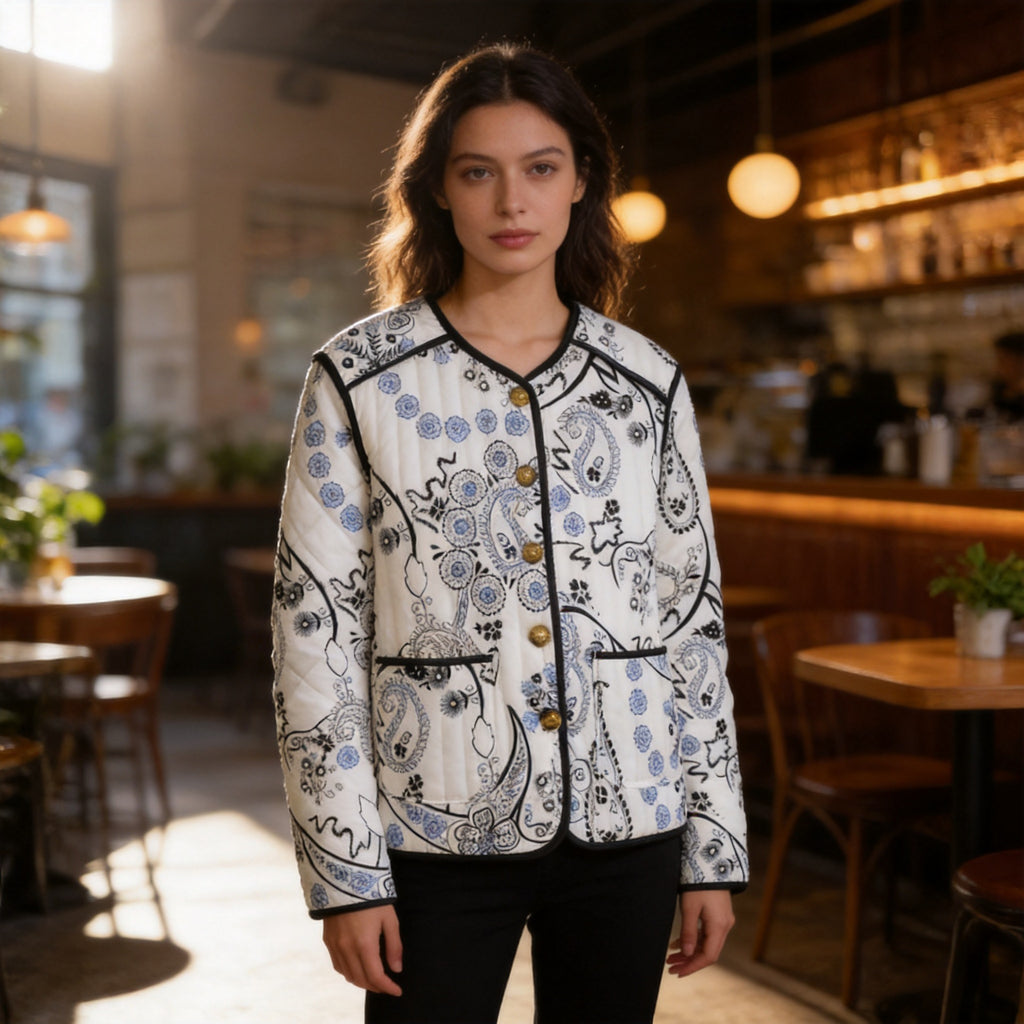Women's Quilted Short Jacket with Paisley Flower Print, Round Neckline and Contrast Piping Fashion Glam