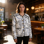 Women's Quilted Short Jacket with Paisley Flower Print, Round Neckline and Contrast Piping Fashion Glam