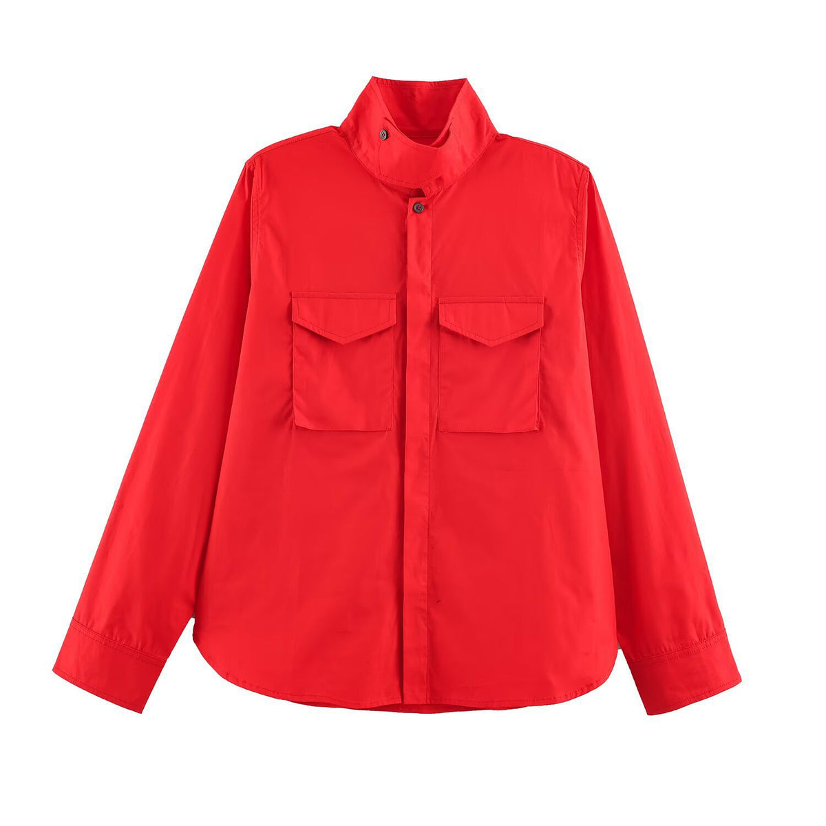 Women’s Oversized Shirt Jacket with Stand Collar and Patch Chest Pockets Fashion Glam