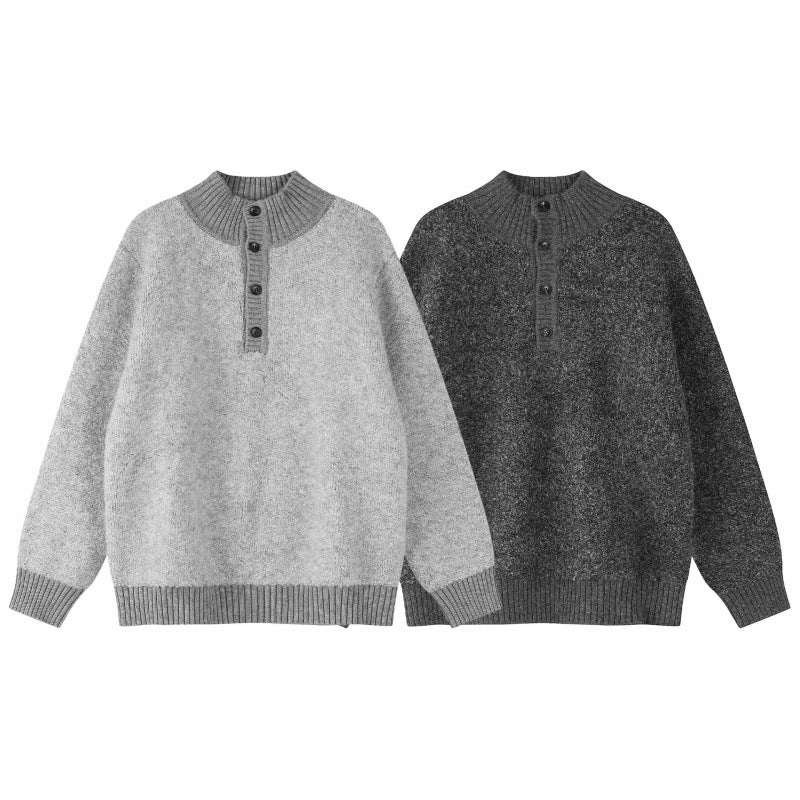 Unisex Boxy knit sweater with Henley button placket and raised ribbed collar Fashion Glam
