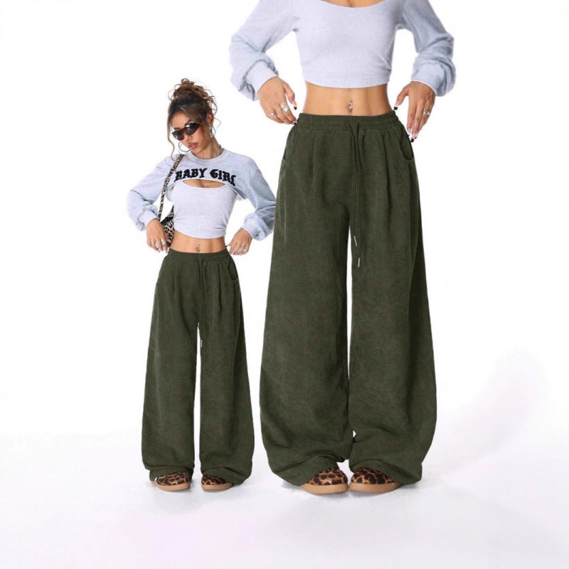 Ladies Wide Cord Pants with High Elastic Waist and Drawstring Fashion Glam
